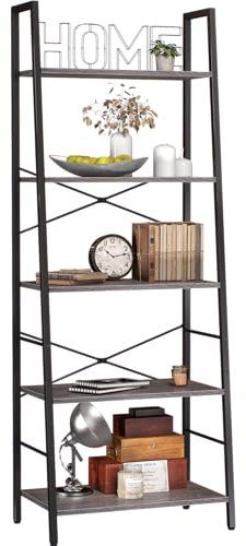 Yusong Bookshelf, Ladder Shelf 5-Tier Bookcase for Bedroom, Industrial Book Shelves Storage Rack with Metal Frame for Home Office, Gray Oak