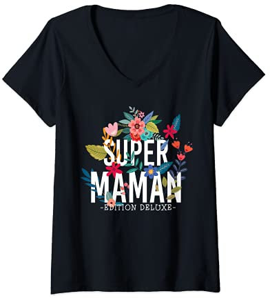 Femme Super Maman beau dessin floral pour la fête des Mères. T-Shirt avec Col en V