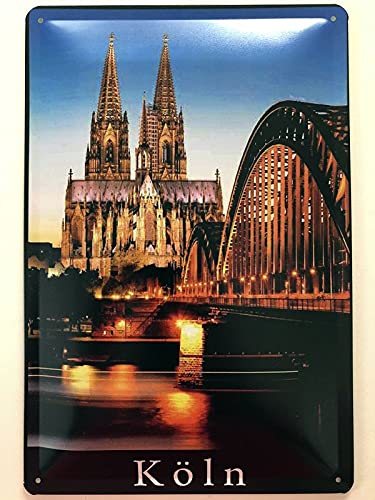 Metall Schild 20x30cm Köln Dom beleuchtet Blechschild mit Hohenzollern Brücke