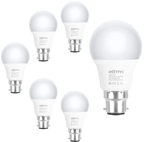 ROTTYI B22 Bayonet Light Bulbs 60W Equivalent, Cool White 6500K Daylight Bulbs, 8W 880LM LED Bulb, BC A60 GLS Energy Saving Lightbulbs, Classic Shape Non-dimmable, Pack of 6