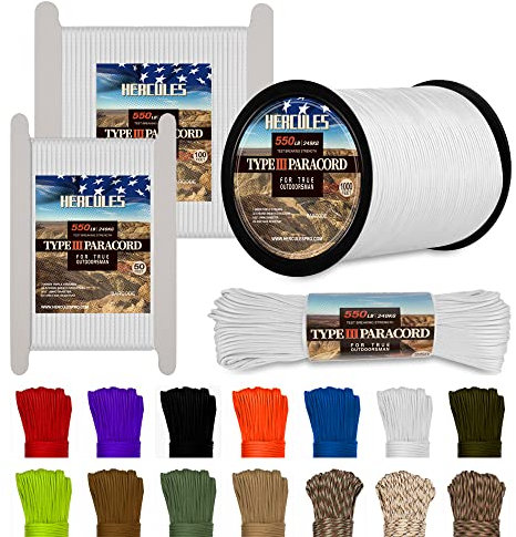 HERCULES 550 Paracord 4mm Type III 7 Strands Parachute Cord, 50' White Utility Rope for Crafting, DIY, Camping, Survival, Outdoor