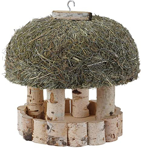 Dehner Natura Premium Wildvogel Futterhaus Stuttgart, Futterstation für Wildvögel mit Heudach, Vogelhaus hochwertig / hängend, inkl. Haken zum Aufhängen, ca. Ø29 cm, Birkenholz / Heu, natur