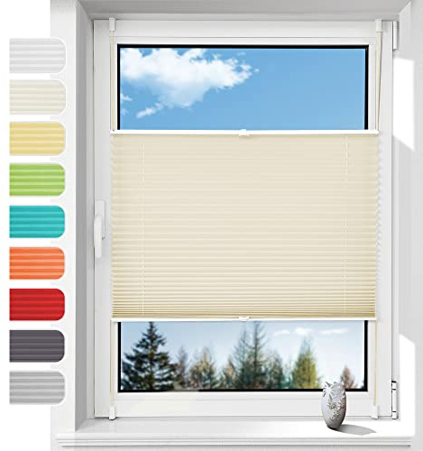 Linhu Plissee ohne Bohren mit Klemmhalter Beige 40x100cm (BxH), Faltrollo Jalousie Sichtschutz und Sonnenschutz, Blickdicht & Lichtdurchlässig, Rollo für Fenster & Tür
