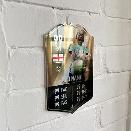 ShopQuality4U Mirror Finish Personalise Football Cup Player Stats Card Sign - Gold Background Printed Metal Shield Sign Wall Art A4 Player Add Name (28x17cm)