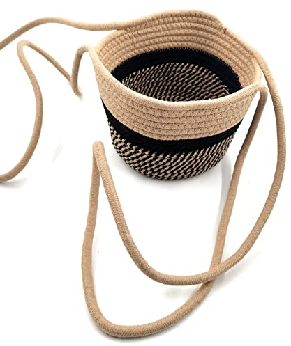VIERSHU Innen Aussen Hängend Geflochten Pflanzenkörbe Boho Makramee Hängende Blumentöpfe für Balkon Decke Garten Hochzeit Vintage Deko 20x15 cm, Schwarz & Jute