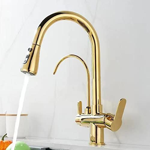Küchenarmatur 3 Wege mit Brause Ausziehbar, Wasserhahn Küche Drehgelenk Messing Trinkwasser Waschbeckenhahn 3 in 1 Mischbatterie Küche-Gold