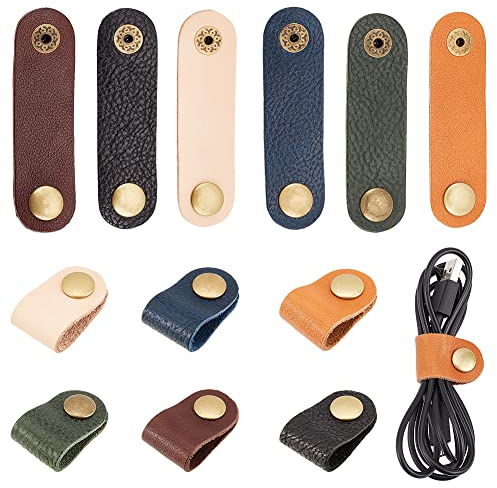 AHANDMAKER 12 Pcs Bracelets de câble en Cuir, 6 Couleurs Cord Management Holder Keeper avec Bouton Pression, Attache-câble d’écouteur Portable, Cord Winder Keeper, Cord Organizer pour Voyage Maison