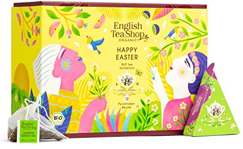 ETS Tee Geschenk Happy Easter | Tee Geschenk Ostern für Frauen Männer Oma Freundin | 3x4 Sorten | BIO | 12 Pyramidenbeutel