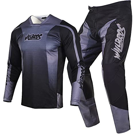 Willbros MX Getriebe Set Motocross Jersey Hose Combo Herren Dirt Bike Frauen Offroad Reiten Erwachsener Schwarz Grau (Jersey M Hosen 32)