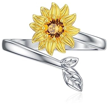 BETHZA Sonnenblumen-Ringe für Damen, 925er-Sterlingsilber, Citrin, verstellbarer offener Ring, Schmuck, Geschenk für Muttertag, Geburtstag 17.25