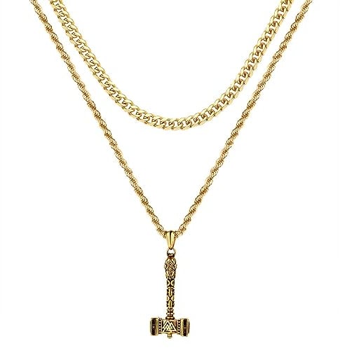 OIDEA Herren Halskette Thors Hammer: Gold Layered Kette aus Edelstahl mit Axt Wikinger Anhänger Kubanische Kette & Kordelkette Wikinger Schmuck Geschenk für Männer Jungs