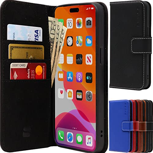Snugg iPhone 15 Case Wallet – Folding Wallet Case with 3 Card Slots, Magnet Closure, and Phone Stand Function – Leather, TPU, and Nubuck iPhone 15 Wallet Case – Black