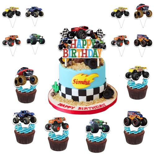 ENLACE 25 Stück Auto Tortendeko,Happy Birthday Cake Topper,Monster Truck Geburtstag Kuchen Deko Junge,Truck Auto Muffin Deko,LKW Cupcake Topper für Kinder Geburtstag Zubehör