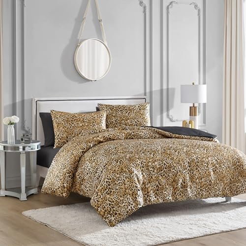Juicy Couture King Leopard Satin Duvet Cover Set - Cheetah Print 3-Piece Machine Washable Reversible Animal Print Bedding Duvet Cover and Sham Set