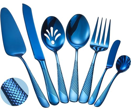 Xideman® Juego de cubiertos martillados de acero inoxidable 18/10, cuberteria para servir de 7 pieza, cuberterias completas de anfitriona con cuchillo para tartas y servidor de pasteles (Azul)
