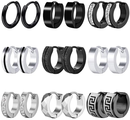 9 Paare Herren Ohrringe Schwarz Silber - Creolen Set für Männer Frauen - Edelstahl Hoops Earrings