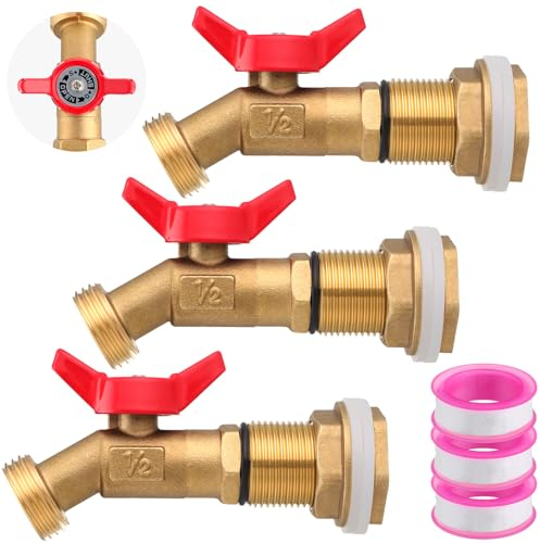JaGely Regentonnen-Set aus Messing, mit robuster Schottverschraubung, Vierteldrehung, Kugelhahn, Regentonne, Wasserhahn für Aquarien, Wassertanks, Wannen, Pools, 3 Sets, Rot