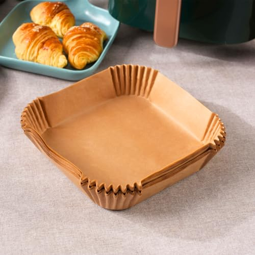 GreenMingle Air Fryer Parchment Paper Liner, 100PCS Square Liners Disposable, Greaseproof for Fryer, Compatible with COSORI, Ninja, Tower Cosori (Unbleached)