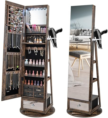 RELAX4LIFE Armoire à Bijoux Pivotante à 360ºavec Miroir Pleine Longueur, Miroir Bijoux sur Pied LED avec Support Sèche-Cheveux, Grand Tiroir, 3 Étagères pour Rangement Bijoux (Marron Rustique)