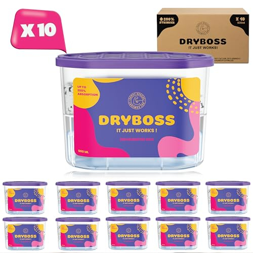 DRYBOSS Pack x 10 Deshumidificador Absorbente Anti Humedades de Armarios, Interior Casa, Cajones, Habitacion, Pared, Coche. Quita Olores y Absorbe Humedades. Previene Condensación. Antihumedad