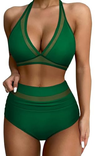 Yutdeng - Traje de baño para Mujer, 2 Piezas, Cintura Alta, Push up Bikini, Cuello en V, Halter, Adelgazante, Swimwear de Playa, Control del Vientre, Conjunto de Traje de baño, Verde, S