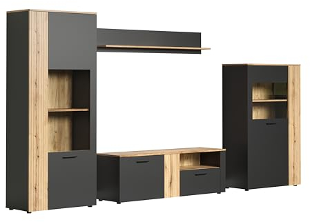 trendteam smart living - Esteban - Wohnwand (2 Vitrinen + TV-Lowboard + Wandregal) - Anthrazit/Evoke Eiche - (BxHxT) 340 x 195 x 42 cm - Wohnzimmermöbel für Fernseher bis 65