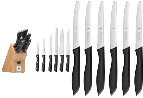 WMF Messerblock mit Messerset 7-teilig & Classic Line Frühstücksmesser Set 6-teilig, 23 cm, Brötchenmesser Wellenschliff, Brotzeitmesser, Spezialklingenstahl, Kunststoffgriff, schwarz
