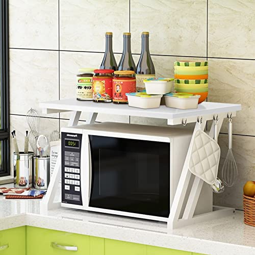 HUOLE Meuble Rangement de Cuisine Support Four Micro-Ondes avec 2 Niveaux d'étagère Extensible en Hauteur & Largeur- avec 3 Crochets Parfaits (57 * 38 * 38 cm Z-Blanc)