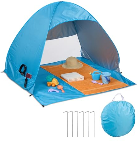 Relaxdays Tente de Plage Pop-up, abri Solaire, UPF 50, Sac de Transport et piquets, 110x140x145 cm, 2 Personnes, Bleue