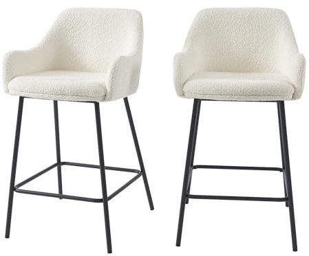 BAÏTA Lot de 2 tabourets de Bar NILS en Tissu Bouclette Blanc et Pieds en métal Noir