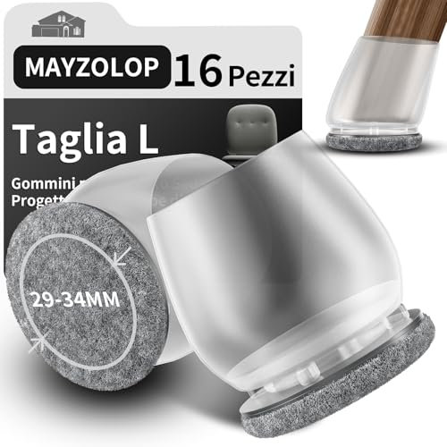 MAYZOLOP 16 tappi per gambe della sedia, trasparenti, diametro 29 – 34 mm, con feltro grigio, protezione per gambe della sedia, rotondi, nessun rumore, nessun graffio