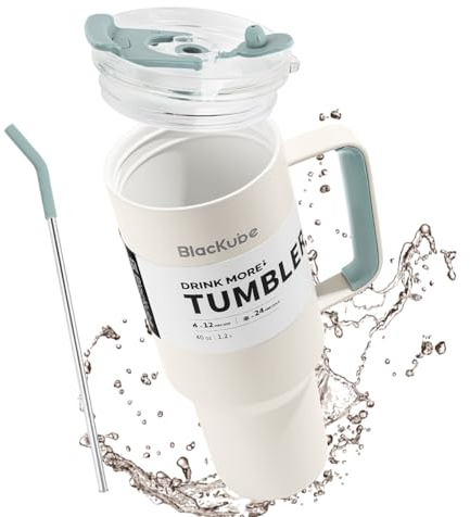 Blackube 1200ml Trinkbecher mit deckel und strohhalm, Becher mit deckel und strohhalm, Auslaufsicher, Große Trinkflasche aus Metall-keramische Innenausstattung