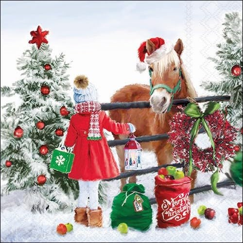 20 Servietten Winter Mädchen am Weihnachtspferd als Tischdeko. Papierservietten mit Motiv. Auch für Decoupage und Serviettentechnik 33x33cm