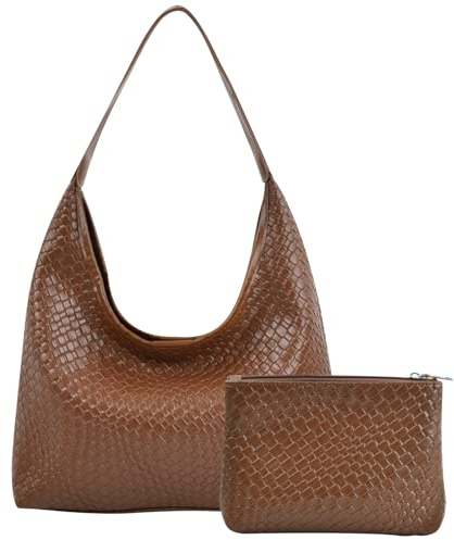 Shengxi Gewebte Handtasche Damen 2-teiliges Set, Gewebte Tragetasche Gestrickte UnterarmtascheGroße Kapazität Schultertaschen Geflochtene Tasche für Schule Arbeit Reisen Einkaufen (Braun)