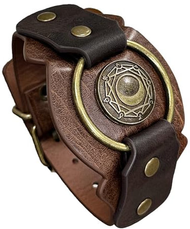 HiiFeuer Mittelalterliche geprägte Alchemie Kunstleder Manschettenarmband, Fantasy Retro-Armband, Wizard Manschettenknopf-Armband mit Schnallenverschluß (Braun E)