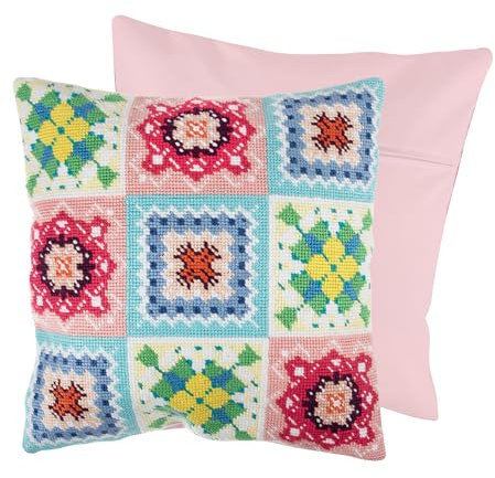Trimits Kit de cojín de punto de cruz, parte trasera de cojín incluida, lienzo preimpreso, hilo y aguja incluidos, 40 x 40 cm, ganchillo