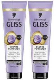 Gliss Blonde Perfector 2-in-1 Purple Aufbau Haarmaske (2x 150 ml), Haarkur für natürliches, coloriertes & gesträhntes blondes Haar sorgt für Glanz & Pflege, mit Anti-Gelbstich-Effekt