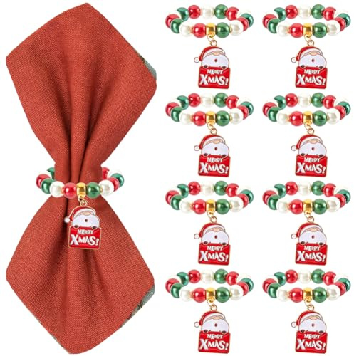 SUNNYCLUE 8 Set Festliche Serviettenringe Weihnachtsserviettenringe Weihnachtsmann Rot Grün Glasperlen Winter Serviettenhalterring Perlenserviettenring Für Weihnachten Hochzeit Party Abendessen Tischd