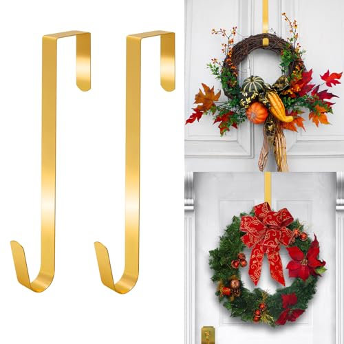 2 PCS Wreath Hanger for Front Door-Larger Door Upgrade Wreath Hanger Christmas Fall Wreaths Decorations Hook,Long Metal Autumn Xmas Wreath Hook (Gold, 15 /38 CM)