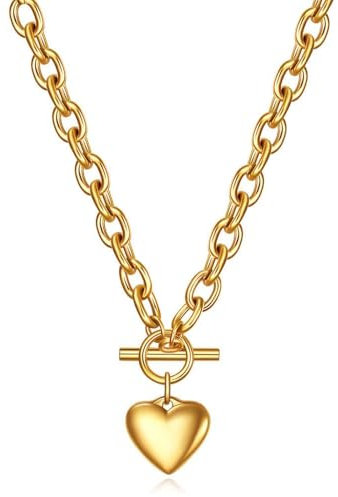 VCCKNB JEWELRY Halskette für Damen, 18 Karat Weißgold, klobige kubanische Glieder-Halskette mit Herz, Mond, hypoallergener Schmuck für Frauen, Mit 18 Karat Weißgold vergoldet (A-Goldherz-Halskette)