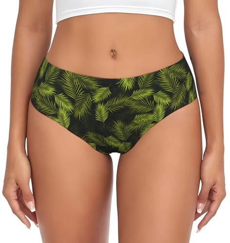 VOSERY Womens Underwear - Tropical Palm Leaves Fern Leaf No Show Seamless Women Underwear Briefs Ladies Panties Bikini, Black, L