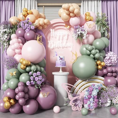Kit d'arche de ballons vert poussiéreux, rose pastel, lavande, violet – Ballons vert brume, rose, abricot pour filles, fête prénatale, anniversaire, mariage, décoration de thé