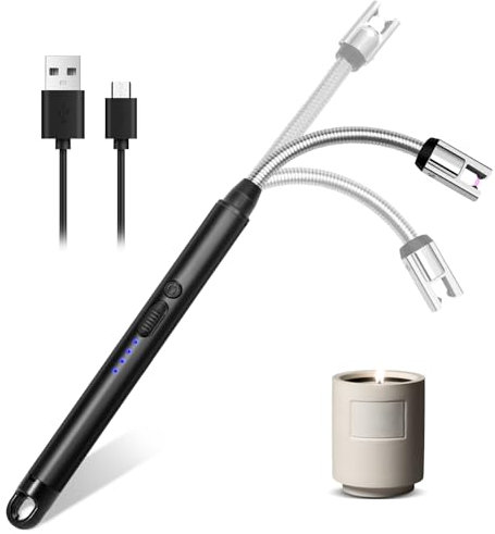 Accendino Elettrico, USB Ricaricabile, Accendino Lungo per Candele, Accendigas Elettrico Cucina, Accendino Arco Antivento per Stufe a gas, Accendere Candele, Barbecue, Campeggio (Nero)