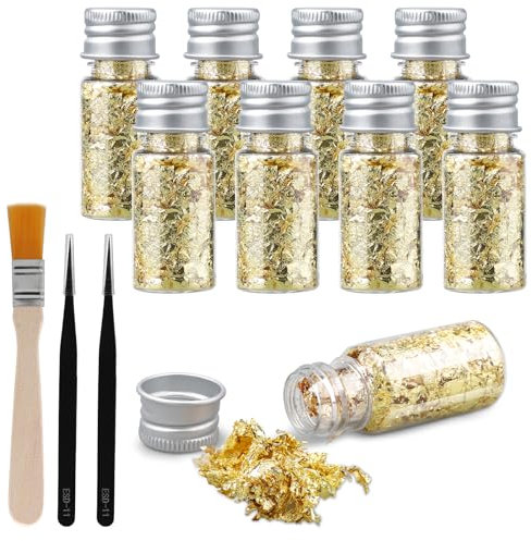 Bmliingchau 9 Flaschen Essbares Goldflocken Goldfolie Zum Basteln Blattgold Goldfolie Papier zum Basteln Lebensmittel Kuchen Backen Torten Dekorfolie Kunsthandwerk, Essbar Goldfolienflocken Tortendeko
