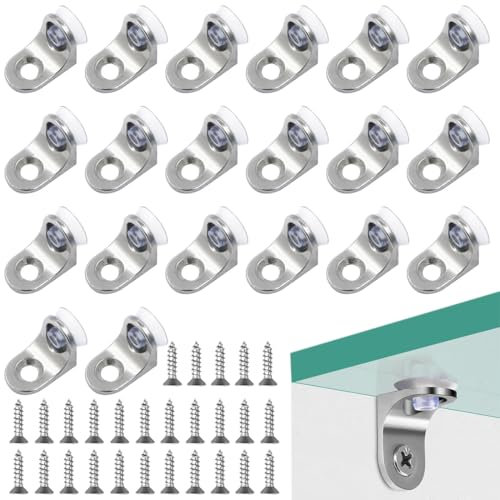 RAXLUPO 20 Pezzi reggimensola vetro Staffa Angolare Con 20 Pz Vite Perni Staffa di Fissaggio con ventosa per Shelves Staffa di Angolo Retto, per Mobili, Armadi, Librerie, Vetro e Legno