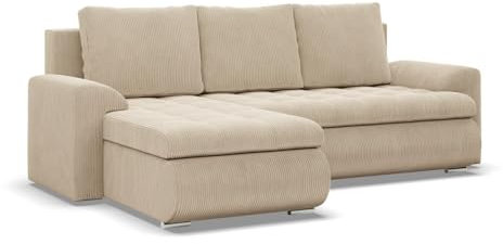Mebligo - Ecksofa mit Schlaffunktion und 2 Bettkasten Cord - Beige 230x89x159 (BxHxT) FORESTA - Links Eckcouch, Sofas & Couches, Couch L Form, Cauchsofa, Sofa Wohnzimmer