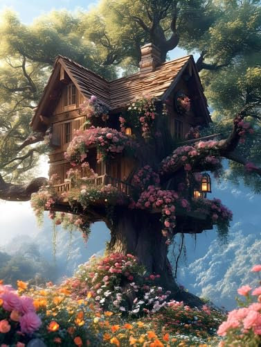 Malen Nach Zahlen Baumhaus Blume Malen nach Zahlen Erwachsene, DIY kinder Öl Leinwand Gemälde Set für Anfänger, bringen Mit 3-Pinseln und Senior Acrylfarben Malen,(Ohne Rahmen) Home Deko 40x50cm q-896