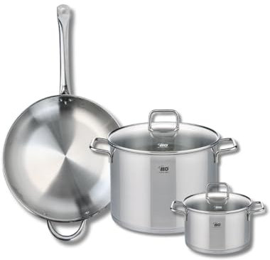 ELO 9699750 Batterie de cuisine 3 pièces, Ensemble de 1 Poêle de cuisson 32 cm et 2 faitouts 16 et 26 cm Elo Profi Citrin, inox, induction