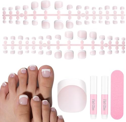 TOMICCA French Pink False Toenails Set, 150 Pcs Light Pink Acrylic Short False Toe nails with Nail Glue and Strip, 12 Sizes Full Cover Artificial Feet Nail Tips for Women Nail Art