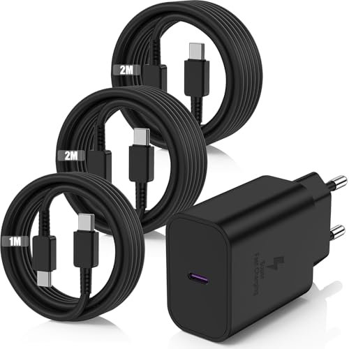 45W Super Chargeur USB C Rapide pour Samsung Galaxy S25+,S25 Ultra,S24+,S24 Ultra,S23+,S23 Ultra, S22,S21,Note20,A54,A53,Z Fold5,Flip5,Fold4,Tab S8 Ultra, Adapteur Type C avec 1M+2M+2M Câble USB C